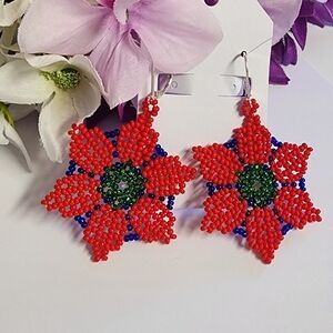 Handcrafted Red and Blue Beaded Flower Earrings